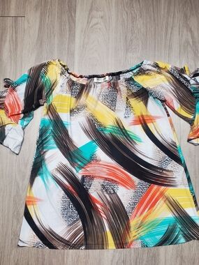 ACE Fashion Abstract Print Off Shoulder Flutter Sleeve Blouse Top Size M